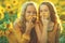 Girlfriends of the girl laugh and play sunflower. Baby girl in sunflowers.