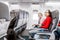 Girlfriends traveling by plane together, air flight passengers