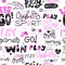Girlish game seamless pattern. Pink print for clothes, textiles, wrapping paper, Typography slogan. Background for