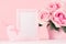 Girlish gentle Valentine days mockup - blank frame for text, exquisite pink roses, heart with ribbon, gift box on white wood.