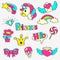 Girlish patch badges with princess, unicorn, rainbow, diamond, crown, lollipop, hearts, star, bow, flower. Stickers set. Fairytale