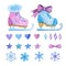 Girlish skates and baubles hand drawn illustrations set.