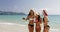 Girls On Beach Taking Selfie Photo On Cell Smart Phone, Cheerful Women In Bikini and Straw Hats On Summer Holiday