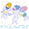 Girls in bikini wearing face mask playing in the sand at the beach in Summer in covid-19 hand drawn vector