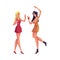 Girls, blond and black haired, in short red dresses dancing