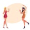 Girls, blond and black haired, in short red dresses dancing