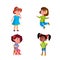 Girls Children Different Emotions Mood Set Vector