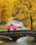 Girls, colorful umbrellas in autumn park.