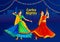 Girls in colourful traditional dresses playing dandiya in garba disco nights poster for Navaratri Dussehra festival of India.