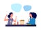 Girls conversation. Woman talking. Flat female discussion. Two woman with food and wine vector illustration