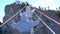 Girls crossing the chasm on the rope bridge. Black sea background, Crimea