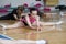 Girls dancer practicing stretching, young cheerleader doing acrobatic and flexible tricks, fitness, stretching workout, sport