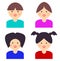 Girls with different hair style cartoon , Four girls faces cartoons in one page. Illustration, sticker for kids.