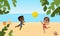 Girls of different nationalities play ball on a sunny beach in bathing suits. Cartoon flat style summer holiday and fun.