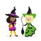 Girls dressed as a witch with a broom and pumpkin. Holiday Halloween. Small children. White and African-American. Flat