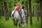 Girls enjoying horseback riding in the woods with mother, young pretty girls with blond curly hair on a horse, freedom