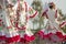 Girls in folk Russian dresses. Introduction of the folklore group on the stage.