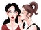 Girls gossip, comic style woman whispering a secret to friend`s ear, psst, hand gesture, vector illustration