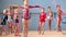Girls gymnasts having training in gym before examination in Deriugina school
