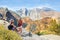 Girls on hiking trip in high mountains.