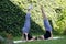 Girls meditation stretching outside park