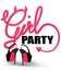 GIRLS PARTY BANNER WITH DEVIL STYLE LETTERING AND WOMAN`S LEGS ON THE BACKGROUND.