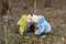 Girls are picking up bluebells