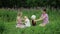 Girls play with dolls on grass