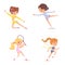 Girls playing sports set. Happy kids doing healthy exercise vector illustration. Children play tennis, doing gymnastics