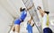 Girls playing volleyball indoor game