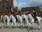 Girls - police cavalrymen demonstrate dressage on the Prospect Mira in Moscow.