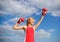 Girls power concept. Woman strong boxing gloves raise hands blue sky background. Girl boxing gloves symbol struggle for