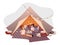 Girls resting in tent flat vector illustration. Female friends, tourists lying on blankets in teepee decorated with lightbulb