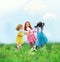 Girls roundelay, Happy little girls dancing Summer Sunny  Day poster watercolor