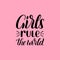 Girls Rule The World hand lettering print on pink background. Vector calligraphic illustration of feminist movement