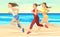 The girls are running along the beach. Sports running. Fitness and healthy lifestyle. Flat cartoon style. Women runners