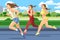 The girls are running. Sports running. Fitness and healthy lifestyle. Flat cartoon style. Women runners train in an