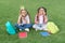 Girls school pupils having fun together fresh air, booth props concept