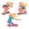 Girls skateboarders set. Cool chicks ride on skateboard. Flat vector isolated illustration.