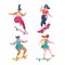 Girls skateboarders. Young women riding skateboards. Cartoon female characters skateboarding outdoor. People jumping and