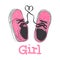 Girls sneakers hand drawing. Pink polka dot coloring. Print Design - It`s a girl. Vector illustration of a pair of baby