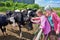 Girls stroking cows on farm