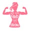 We are girls and we are strong. Vector lettering illustration with pink female silhouette doing bicep curl and hand written inspir