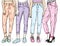 Girls in stylish jeans and shoes. Slender female feet. Vector illustration for a postcard or a poster, print for clothes.