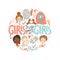 Girls support girl. Round composition with women faces and femin