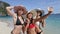 Girls Take Selfie Photo On Cell Smart Phone On Beach, Happy Smiling Women In Hats Young Tourists Group On Vacation