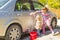 Girls washing the car