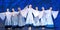 Girls in white dresses dancing on stage, Russian National Dance