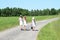 Girls in white dresses on road