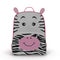 Girls Zebra School Backpack on a white. Front view. 3D illustration